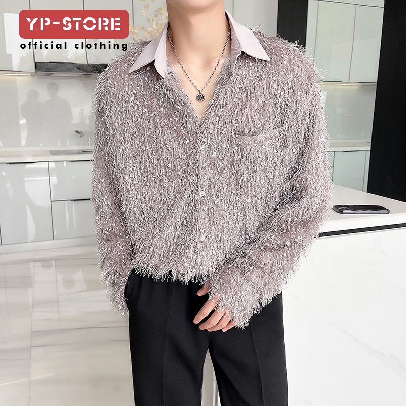 เทรนด์เกาหลีเฉพาะกลุ่มพู่ขนยาวออกแบบรู้สึกหลวม ๆ ชายเสื้อไนท์คลับสไตล์บาร์พิชิตหล่อสวมเสื้อ