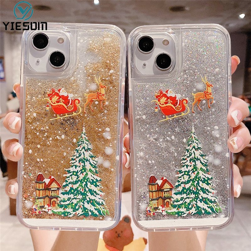เคสโทรศัพท์มือถือ ซิลิโคนนุ่ม ใส มีทรายไหล แต่งกลิตเตอร์ ลายต้นคริสต์มาสน่ารัก สําหรับ iPhone 15 14 13 Pro Max 14 15 Plus 13 Pro