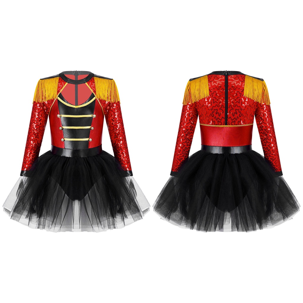เด็กผู้หญิง Magician Circus Dress Up เครื่องแต่งกายแขนยาวเลื่อมพู่ Epaulet Tutu กระโปรง Built-in สั้น Stage เสื้อผ้า