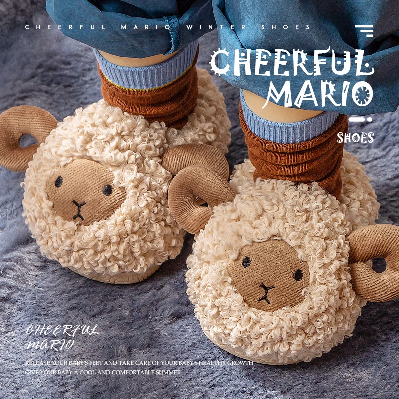 Cheerful Mario สลิปเปอร์แกะเด็ก พื้นนิ่ม กันลื่น ให้ความอบอุ่น รองเท้าแตะฤดูหนาว