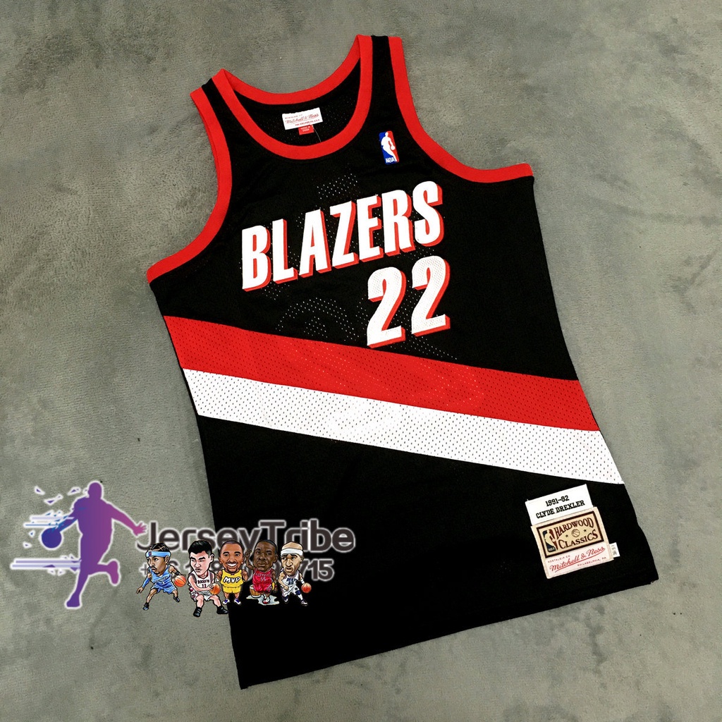 เสื้อกีฬาบาสเก็ตบอล NBA Mitchell &amp; Ness Jersey Portland Trail อเนกประสงค์ #22 เสื้อกีฬาแขนสั้น ลายทีม Drexler De Clyde Jerseys 1991-92 สีดํา 934862