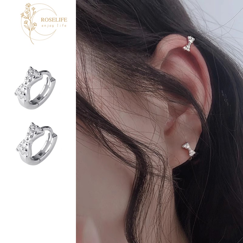 Roselife ต่างหูห่วง เงิน S925 ประดับเพทาย คริสตัล ทรงกลม ใช้แล้วไม่แพ้ สไตล์เกาหลี สําหรับผู้หญิง 1 คู่