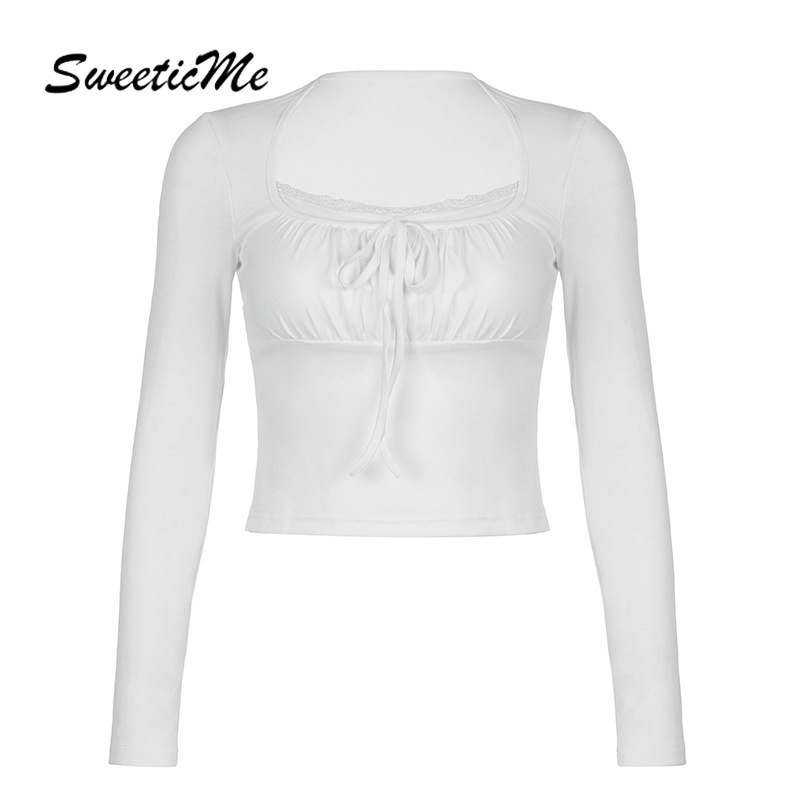 Sweeticme เสื้อยืดแขนยาว คอสี่เหลี่ยม เข้ารูป สีพื้น แฟชั่นสําหรับผู้หญิง 2023