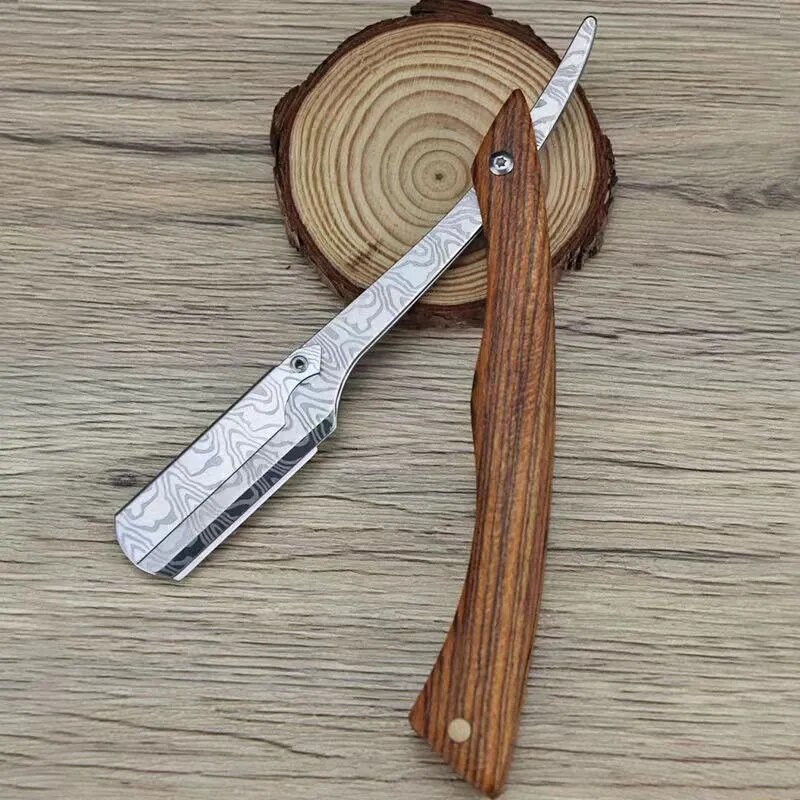 tan wood handle blade shaving razors professional barber shaver eyebrow razor men's replaceable blad