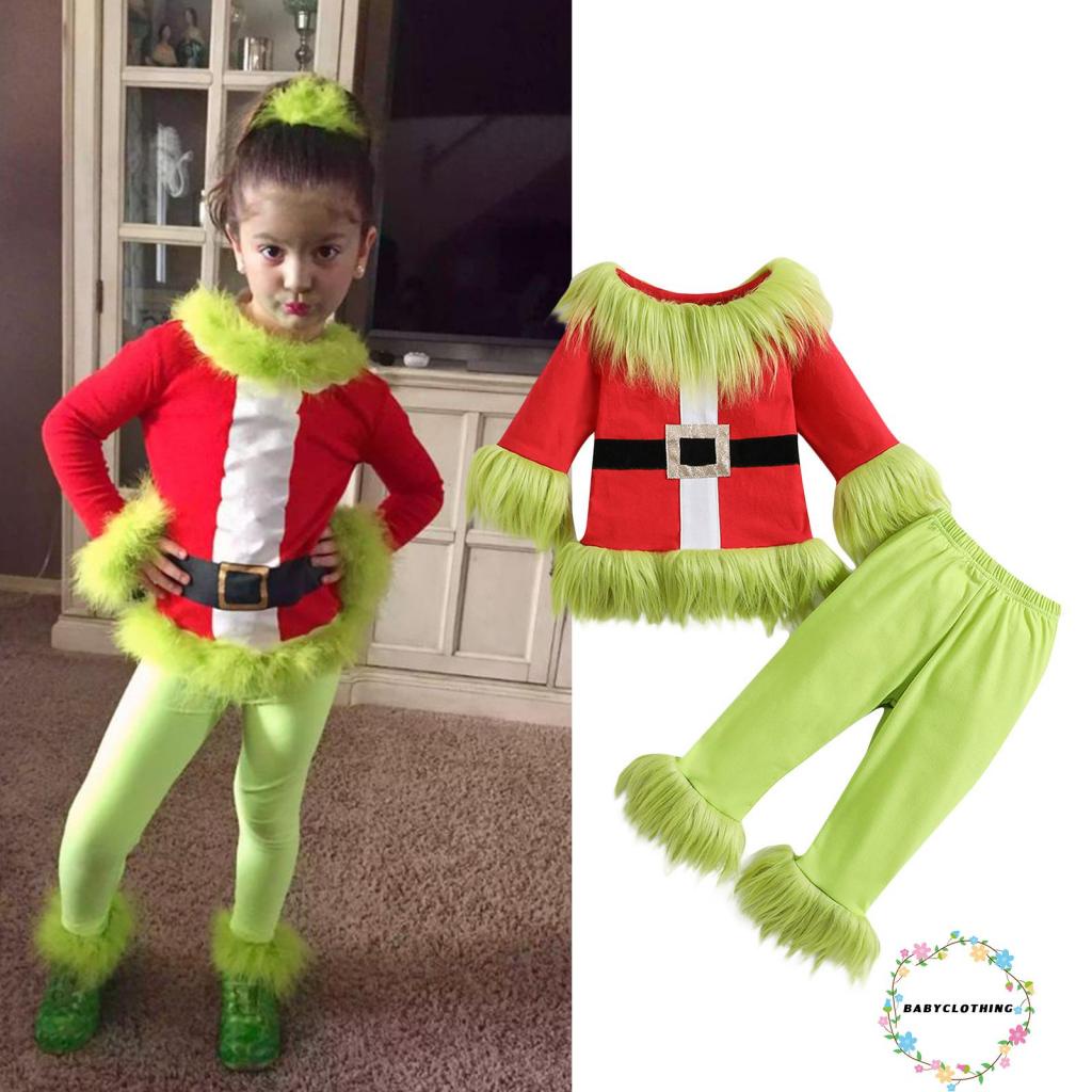 Babyclothes-เด็กทารกเด็กผู้หญิงคริสต์มาสสีเขียวmonsterเครื่องแต่งกายfaux Fur Trimเสื้อแขนยาวพร้อมกางเกงชุด