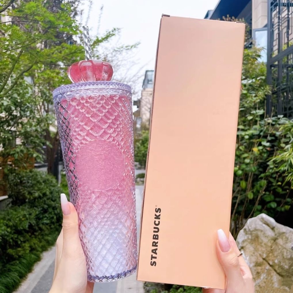 Starbucks ของแท้ แก้วน้ํา ลายเกล็ดปลา ประดับเพชร ไล่โทนสี พร้อมหลอดดูดคู่ ของขวัญวันวาเลนไทน์
