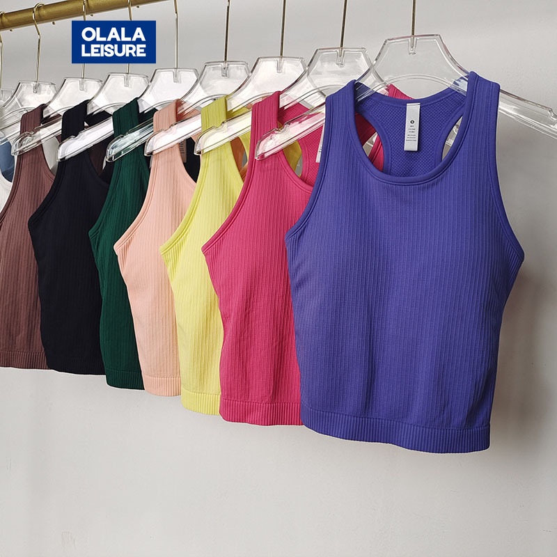 OLALA LEISURE  ใหม่ เสื้อโยคะ สีนู้ด พร้อมแผ่นรองหน้าอก สั้น ระบายอากาศ ดันทรง เสื้อกีฬา ผู้หญิง