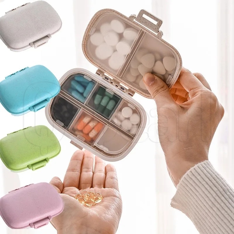 กล่องเก็บยา 8 ช่อง แบบพกพา / กล่องเก็บยาฟางข้าวสาลี / กล่องเก็บแท็บเล็ตวิตามินทุกวัน / กล่องเก็บยาเดินทาง พร้อมแหวนซีล