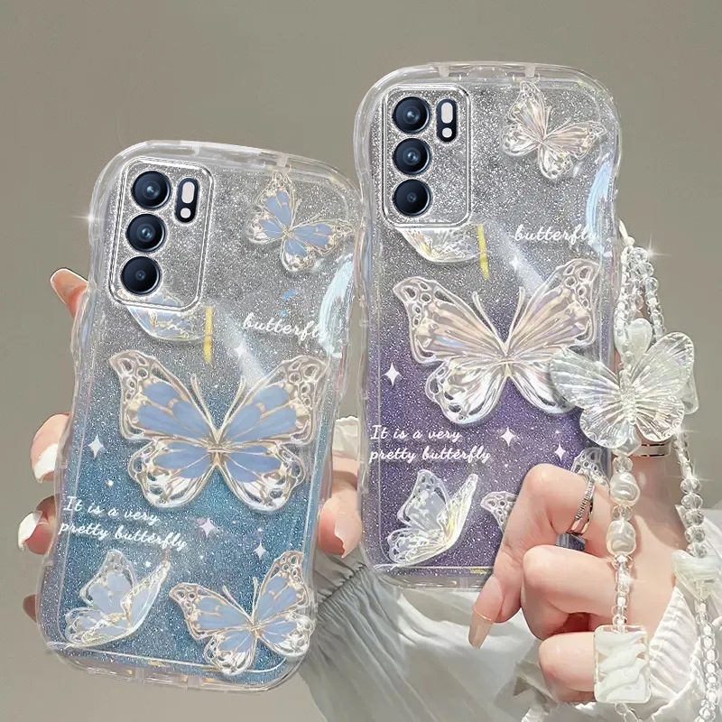 เคสโทรศัพท์มือถือแบบนิ่ม แต่งกลิตเตอร์ ไล่โทนสี ลายผีเสื้อ สีฟ้า สีม่วง พร้อมขาตั้ง สําหรับ OPPO Reno 6 4G 5G Reno 6 Z 5G Reno 6 Pro + Reno 4 Pro
