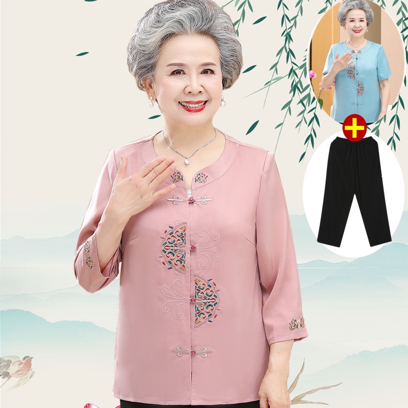 [คลังสินค้าพร้อม] ยายชุดฤดูร้อนเสื้อผ้าไหมเทียมเสื้อผ้าผู้สูงอายุคอกลมบางสไตล์ปักผ้าไหมน้ําแข็งสามไตรมาส