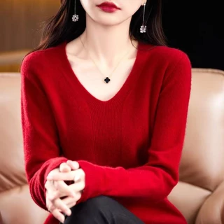 เสื้อแขนยาวคอวีสีพื้น เสื้อไหมพรมผ้ายืดใส่สบาย มี 12 สีให้เลือก