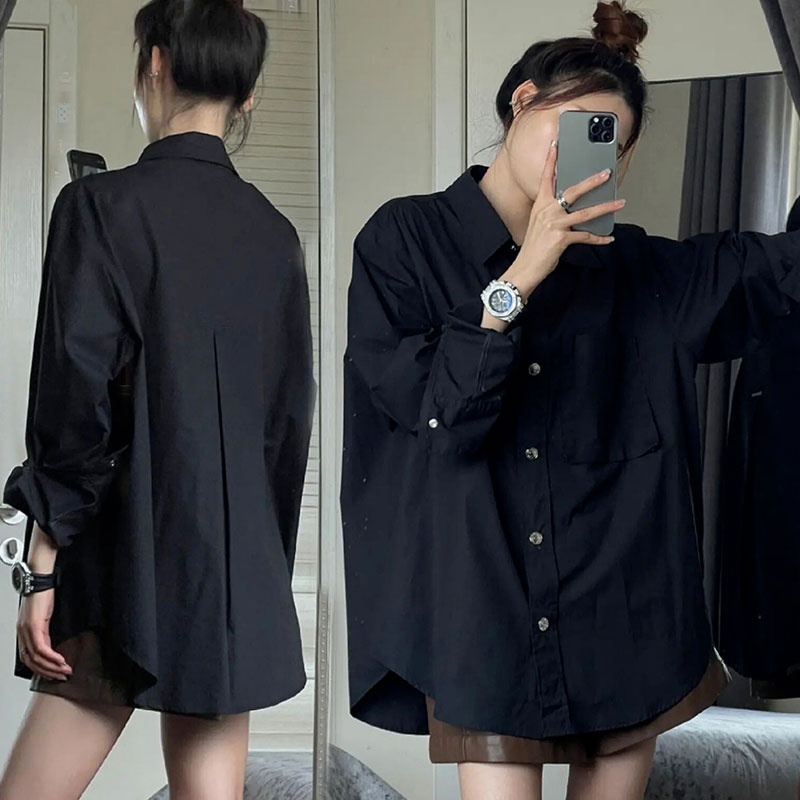 🌻🧸Grace&Chill🌻🧸W278 เสื้อเชิ้ตผู้หญิงแขนยาวสีดำ Oversize เข้ากับทุกการแต่งกาย  คุณภาพดีใส่สบาย