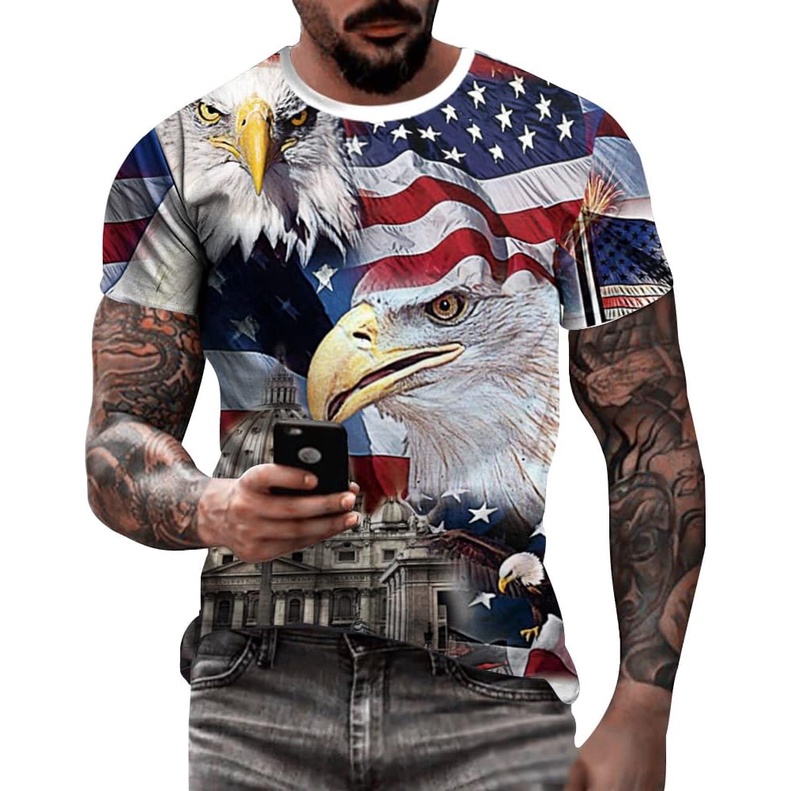 Mens USA Flag Patriotic เสื้อยืด US Eagle 4th of กรกฎาคมรอบคอนุ่มฤดูร้อนแขนสั้นเสื้อสําหรับชาย
