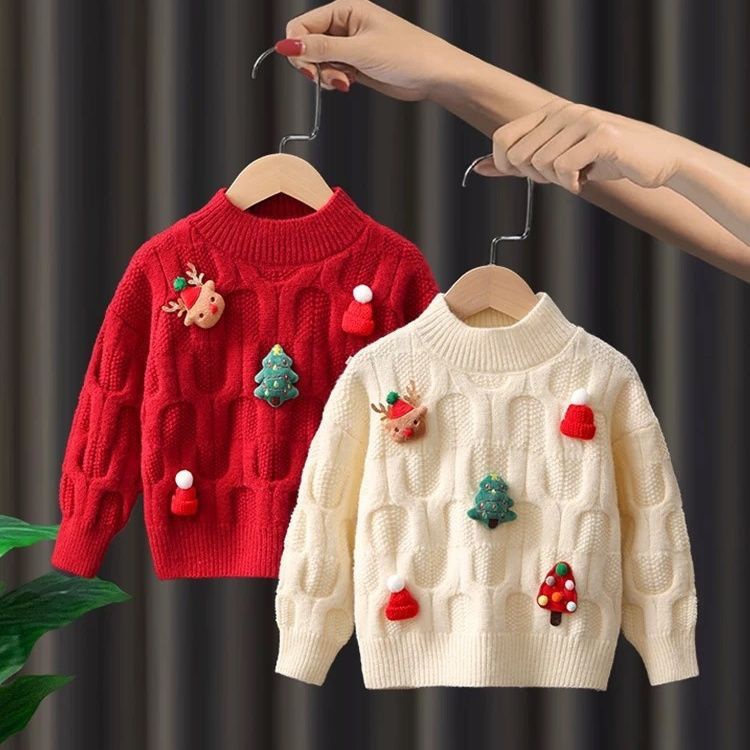 เสื้อกันหนาว ผ้าถัก ลายคริสต์มาส สีแดง ให้ความอบอุ่น แฟชั่นฤดูหนาว สําหรับเด็กผู้หญิง