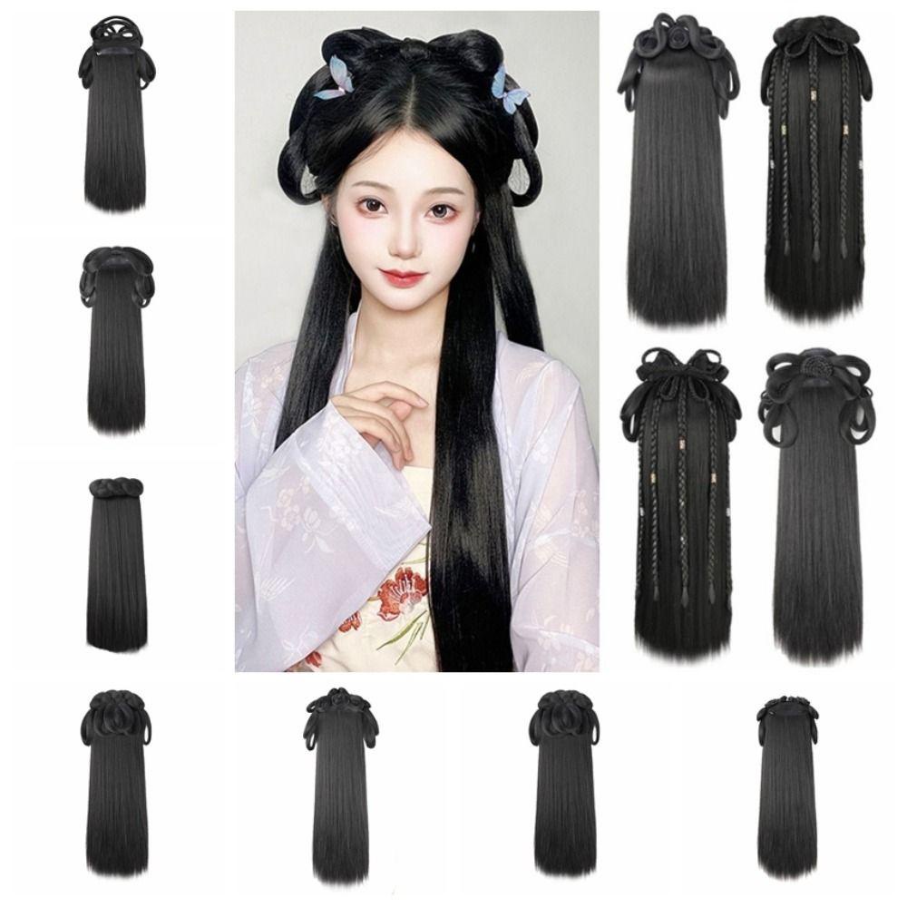Kowen วิกผมจีนโบราณ, ผู้หญิงสังเคราะห์โบราณ Hanfu วิกผม, Hairpiece Headdress สีดําแบบบูรณาการผม Bun ราคา ถูกที่สุด ดีลบีเคเค แกลเลอรีภาพที่ 8