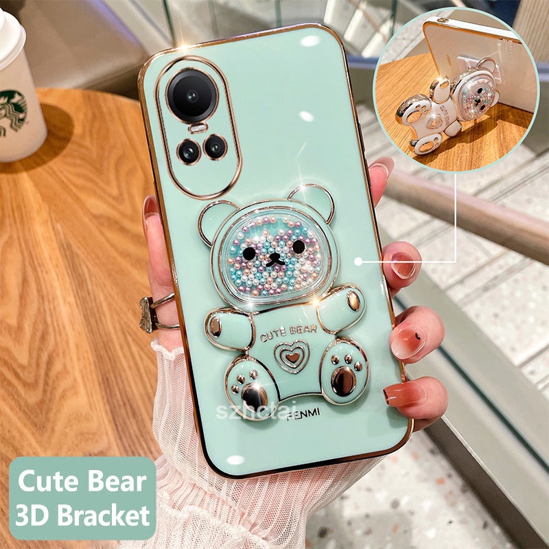 เคสโทรศัพท์ oppo reno 10 reno 10 pro เคสโทรศัพท์มือถือชุบนิ่ม ทรงสี่เหลี่ยม ลายหมีน่ารัก 3D พร้อมที่ตั้งวาง สําหรับ oppo reno 10 reno 10 pro