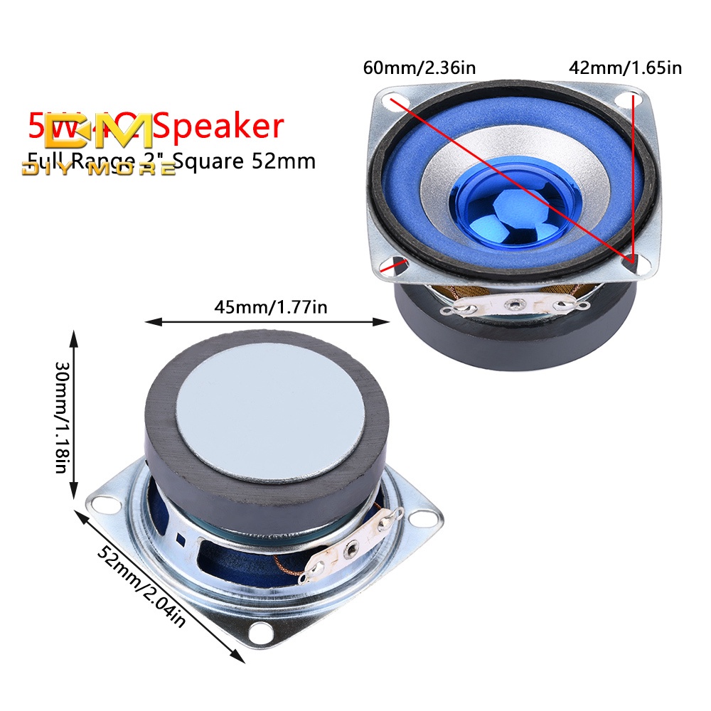 Diymore 2 นิ้ว 5W 4 โอห์ม ลําโพงความถี่เต็ม สีฟ้า 52 มม. สี่เหลี่ยม 5W 3R ลําโพงขนาดเล็ก