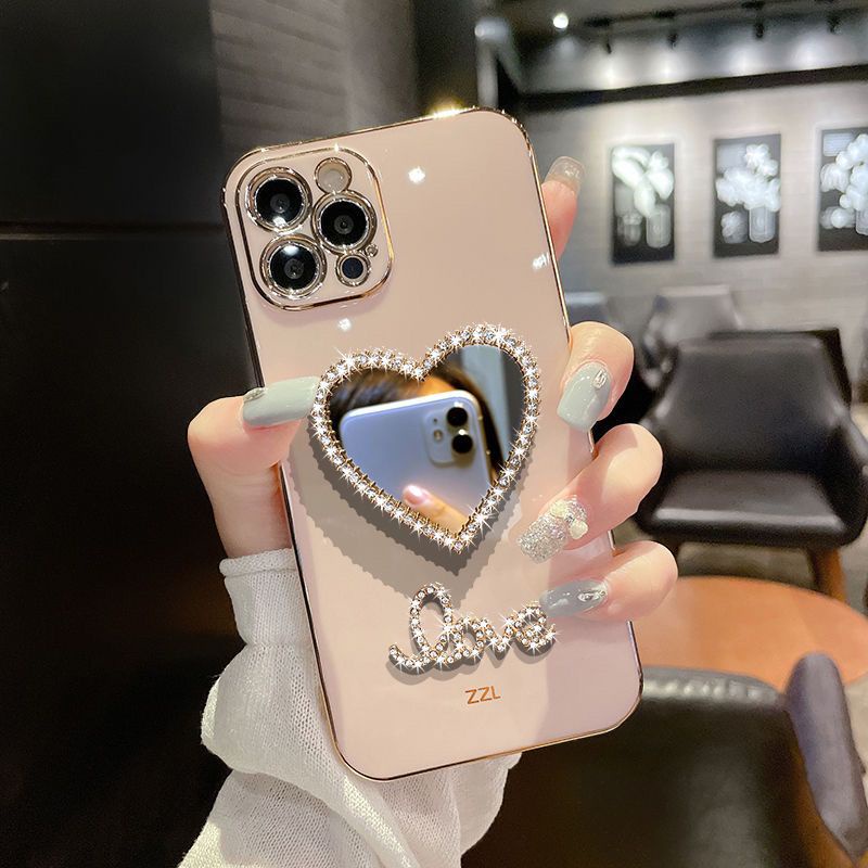 เคสโทรศัพท์มือถือ พร้อมกระจก ประดับเพชร สําหรับ IPhone 11 12 Pro Max X XR XS Max SE 7 Plus 8 Plus IPhone 13 Pro Max IPhone 14 15 Pro Max