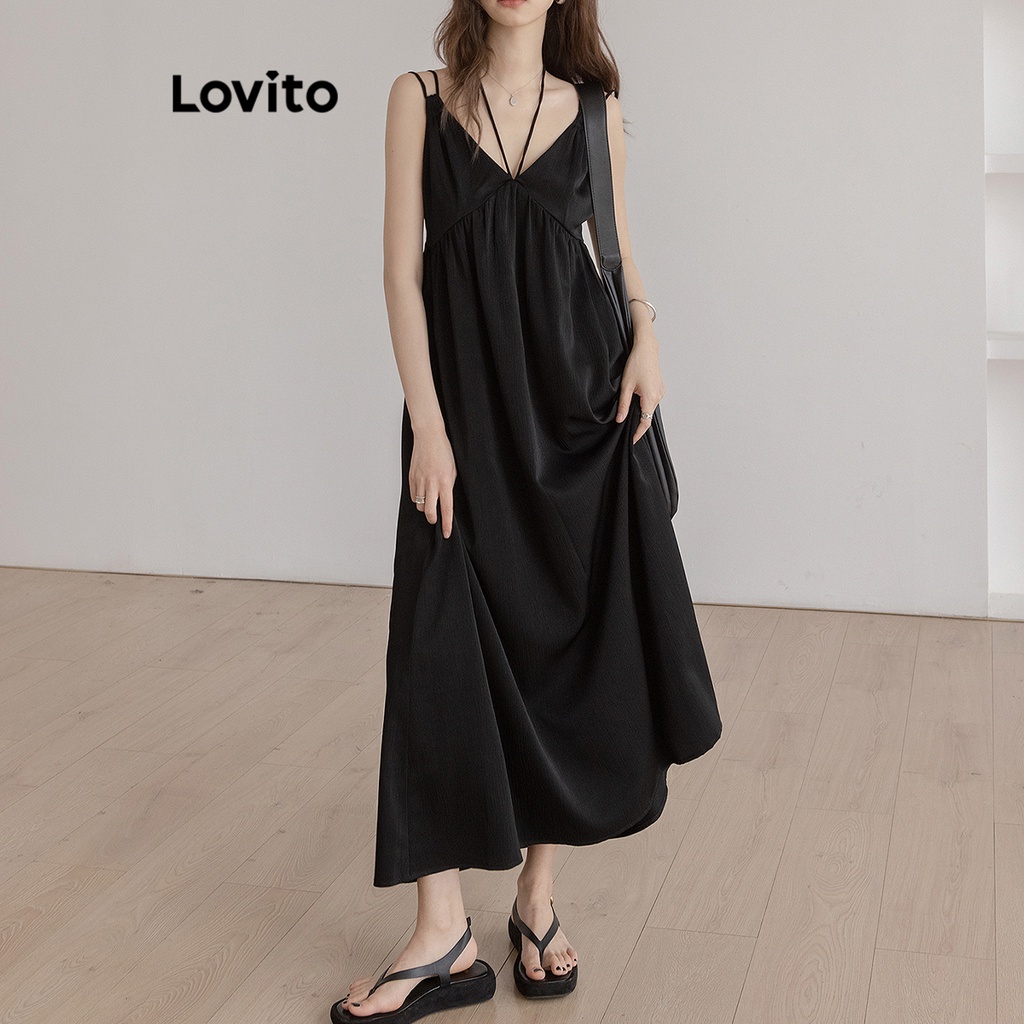 Lovito ชุดเดรสผู้หญิง สายเดี่ยวสปาเก็ตตี้ เว้าไหล่ แต่งคัตเอาต์ สีพื้น สไตล์หรูหรา LNE29333 (สีขาว/สีดำ)
