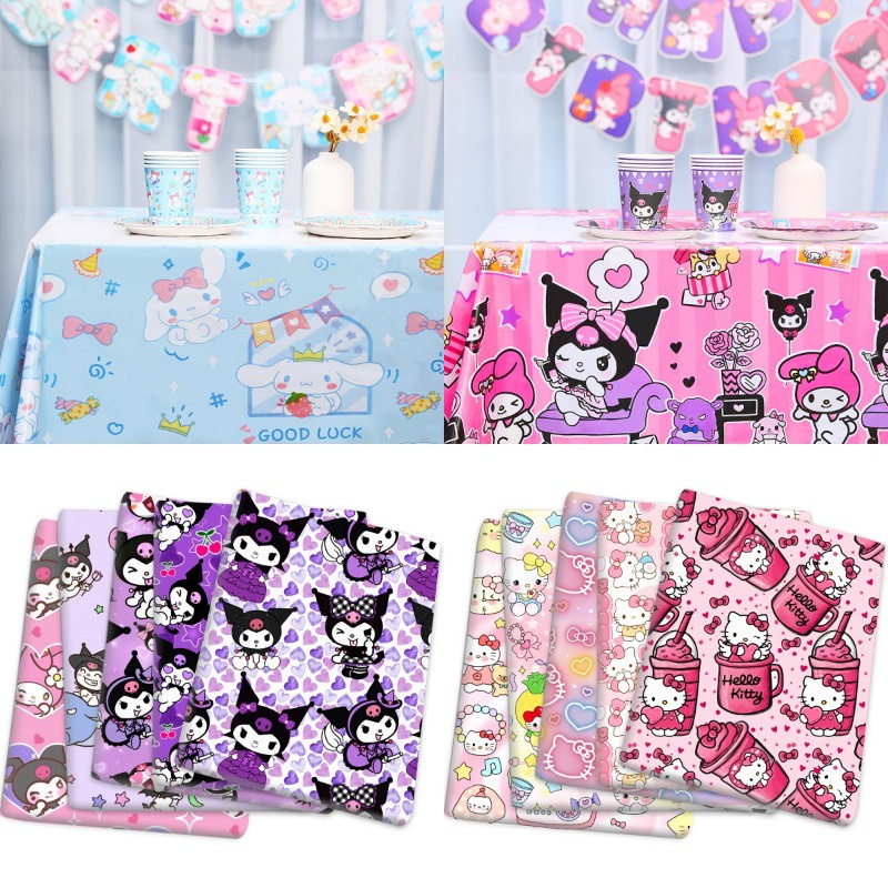 Kawaii Sanrio Kuromi My Melody Cinnamoroll ผ้าปูโต๊ะน่ารักตกแต่งห้องกันน้ําตารางเสื่อการ์ตูนอุปกรณ์งานเลี้ยงวันเกิด