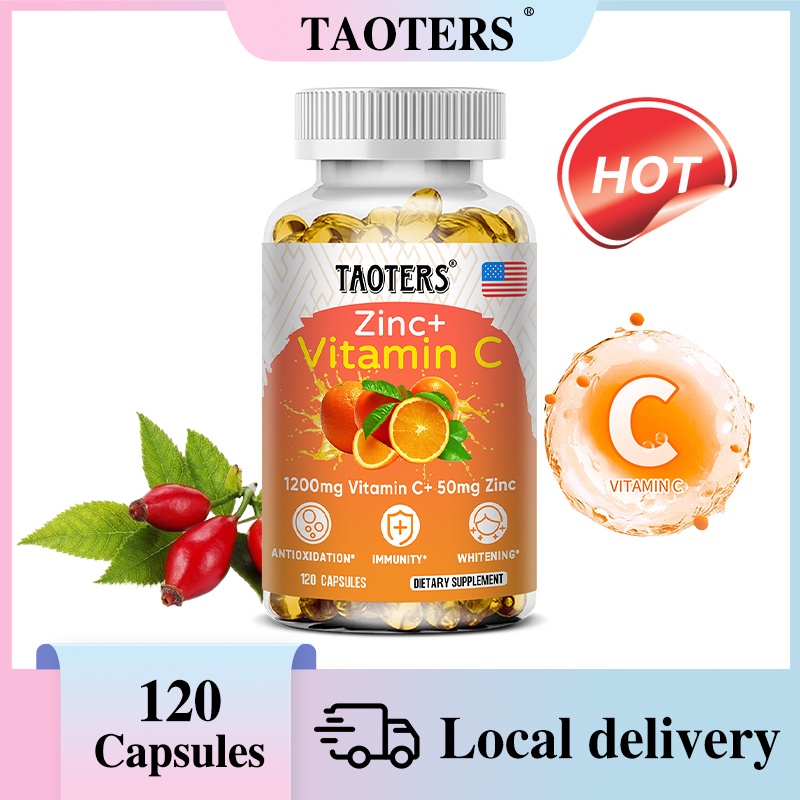Taoters อาหารเสริมวิตามินซีและสังกะสี (120 แคปซูล) - 1200 มก. วิตามินซีและสังกะสี 50 มก. อาหารเสริมต้านอนุมูลอิสระ เพื่อสนับสนุนภูมิคุ้มกัน