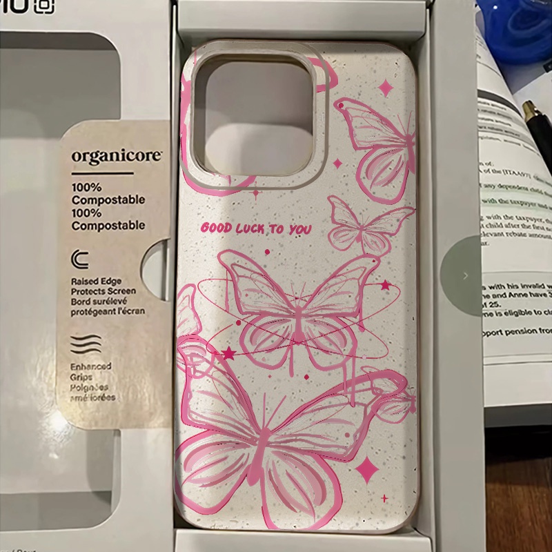 เคสโทรศัพท์ซิลิโคน TPU แบบนิ่ม ลายผีเสื้อ สีชมพู กันกระแทก สําหรับ IPhone 15 14 13 12 11 Pro Max XS XR Xsmax 8 7 Plus