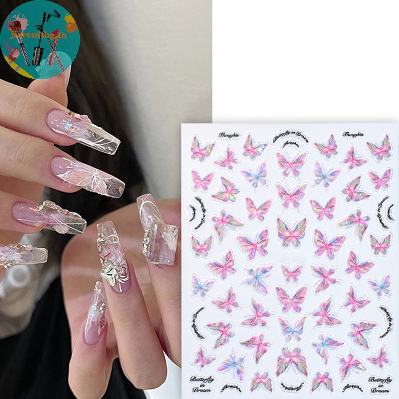 Renbg สติกเกอร์ฟอยล์ ลายผีเสื้อ ดอกไม้ 3D มีกาวในตัว หลากสี สําหรับตกแต่งเล็บ DIY 1 แผ่น