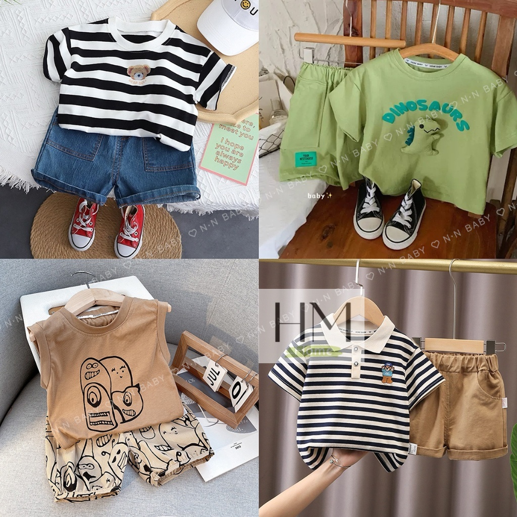 ชุดเสื้อโปโลกางเกงขาสั้น แฟชั่นฤดูร้อน  ลายหมี ไดโนเสาร์