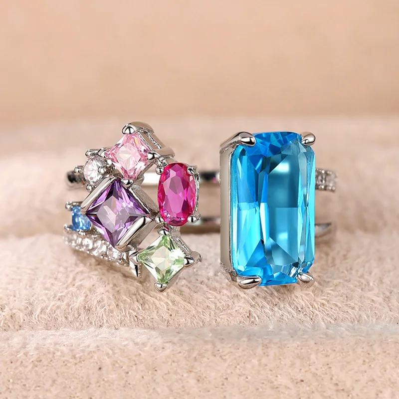 แฟชั่น 925 เงินสเตอร์ลิงใหม่อินเทรนด์สี Cubic Zirconia เปิดแหวนผู้หญิงรูปทรงเรขาคณิต Charming งานแต่งงานหรูหราแหวนหญิงเครื่องประดับ