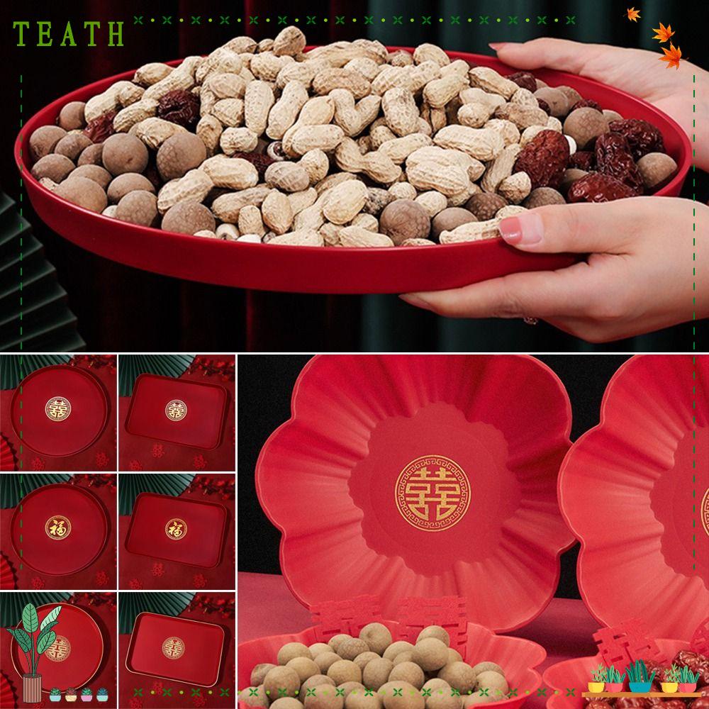Teath ถาดพลาสติก สีแดง ทนทาน สไตล์จีนดั้งเดิม สําหรับใส่ขนมขบเคี้ยว ขนมปังปิ้ง งานแต่งงาน งานเลี้ยง 1 ชิ้น