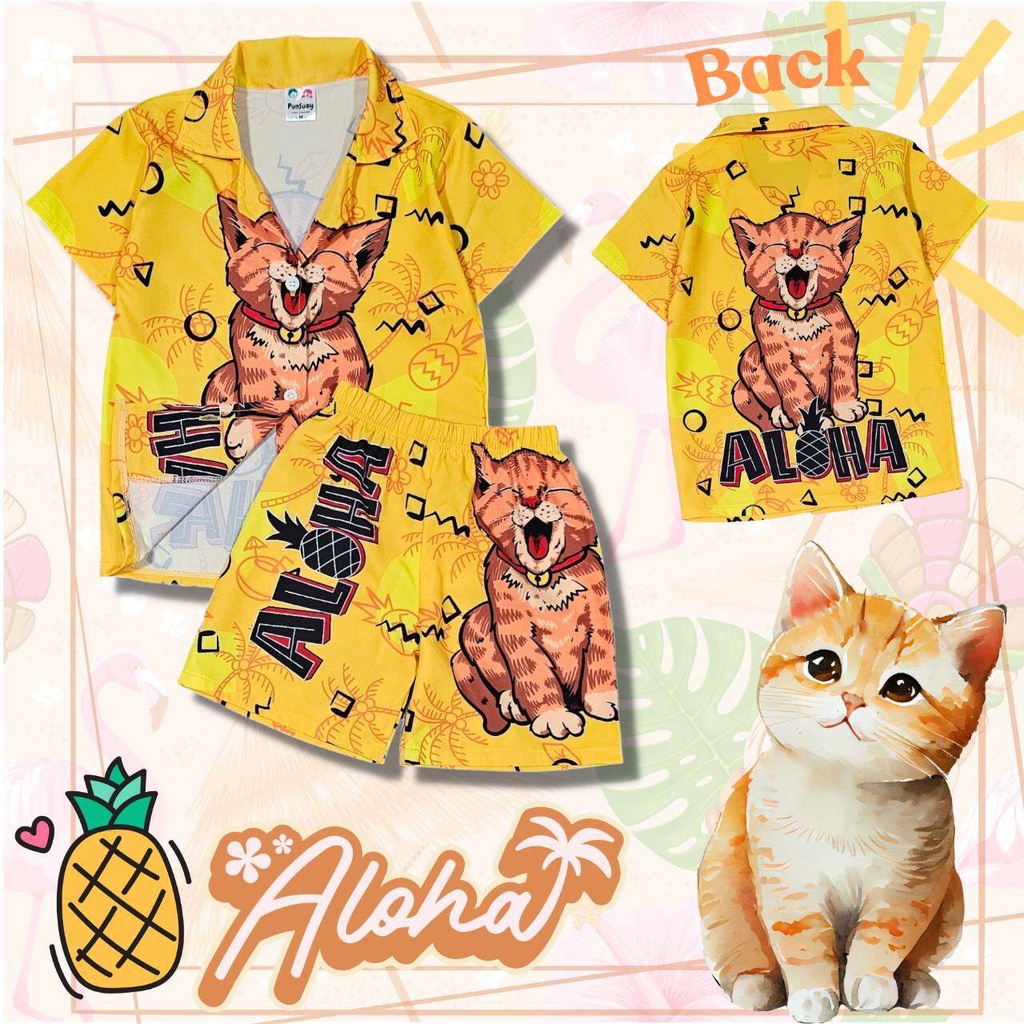 CAT0890#3 ชุดเด็ก เซ็ตเสื้อฮาวาย+กางเกงขาสั้น ผ้าไหมอิตาลี ลายแมวส้ม น่ารัก เสื้อผ้าเด็ก ชุดเด็กแฟชั่น ชุดเด็กลายการ์ตูน