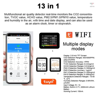 WiFi 13 in 1 Tuya APP อัจฉริยะ Air คุณภาพ Monitor ในร่ม 2co8 เครื่องตรวจจับ CO2/TVOC/HCHO/PM2.5/PM1.0/PM10/อุณหภูมิ/ความชื้น/Time/Date/Alarm/Timer/Stopwatch สนับสนุนรีโมทคอนโทรล APP