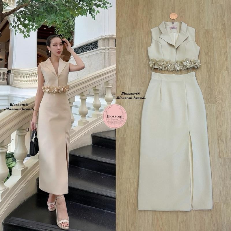 Hiso l (พร้อมส่ง)  ชุดเซทเสื้อแขนกุดกระดุมหน้า ชุดไปงาน งานป้าย Blossom23 30/1  สวยหวาน H.Closet