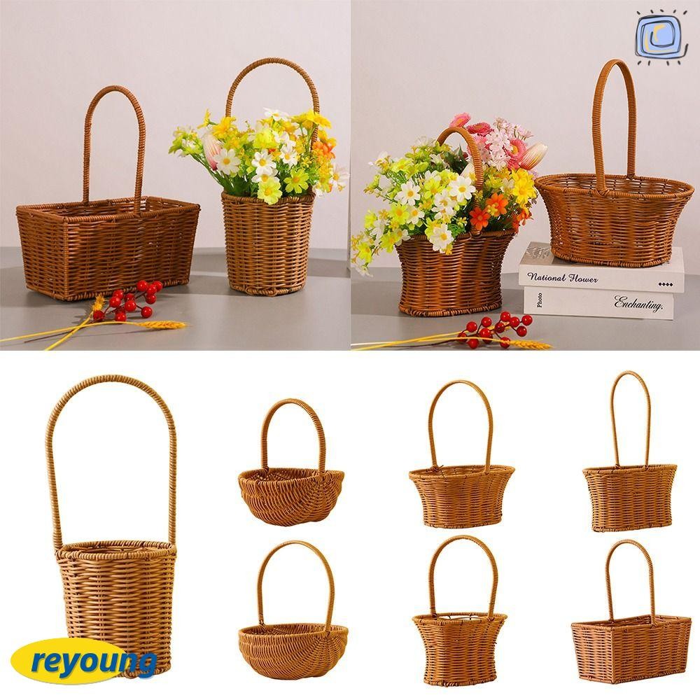 Reyoung Handhold Weaving Basket, with Handle เลียนแบบหวาย Braid Storage Basket, สีน้ําตาลผักผลไม้ดอกไม้ตกแต่งบ้านแขวนตะกร้า