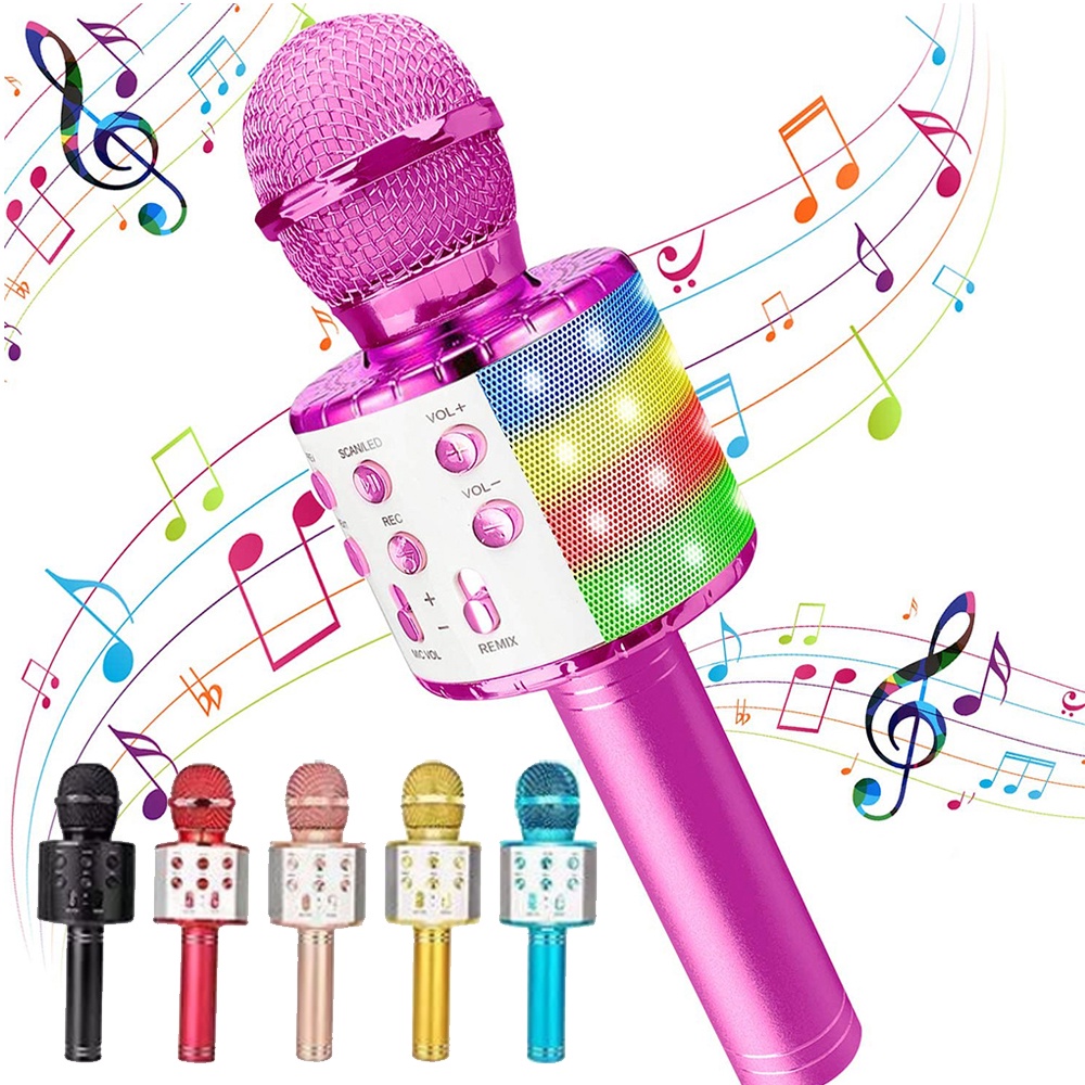 Ws858l ไมโครโฟนร้องเพลง บลูทูธ ไร้สาย พร้อมไฟ LED แบบพกพา สําหรับเด็ก