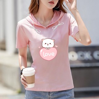 เสื้อยืดแขนสั้นลําลอง มีฮู้ด ทรงหลวม พิมพ์ลาย แฟชั่นฤดูร้อน สําหรับผู้หญิง