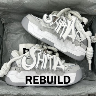 REBUILD รองเท้าผ้าใบผู้หญิง สีขาว พื้นหนา รองเท้าผ้าใบส้นสูงส้นหนา รองเท้าแฟชั่น ผูกเชือก 2023 NEW FYD23904TU 36Z230906