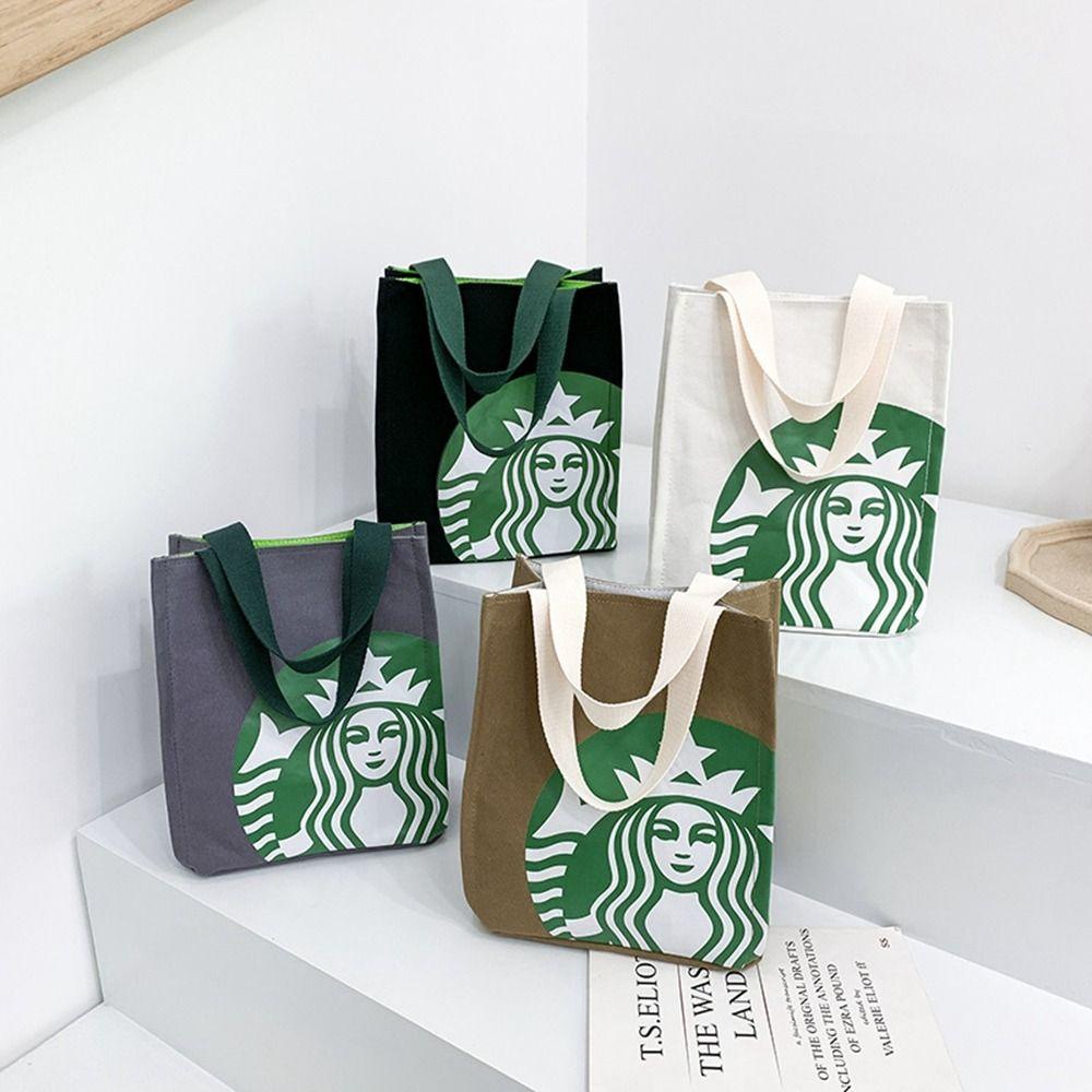กระเป๋าถือผ้าใบ เดสัน กระเป๋ามัมมี่พิมพ์กระเป๋าผ้าใบสตาร์บัคส์,ลําลองสไตล์เกาหลีถุงอาหารกลางวันกระเป๋ากาแฟกระเป๋าถังถุงเก็บ