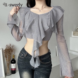 U-sweety เสื้อยืดลําลอง แขนยาว คอกลม ทรงสลิมฟิต สีพื้น สําหรับสตรี 2023