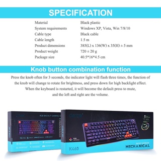 Oker เกมมิ่งคีย์บอร์ดไฟ RGB หัวเสียบ USB รุ่น K460 คีย์บอร์ดสำหรับนักเล่นเกม มีสาย