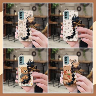 silicone Dirt-resistant Phone Case For MOTO G62 5G cute Back Cover protective case Black pearl pendant Bear bracelet