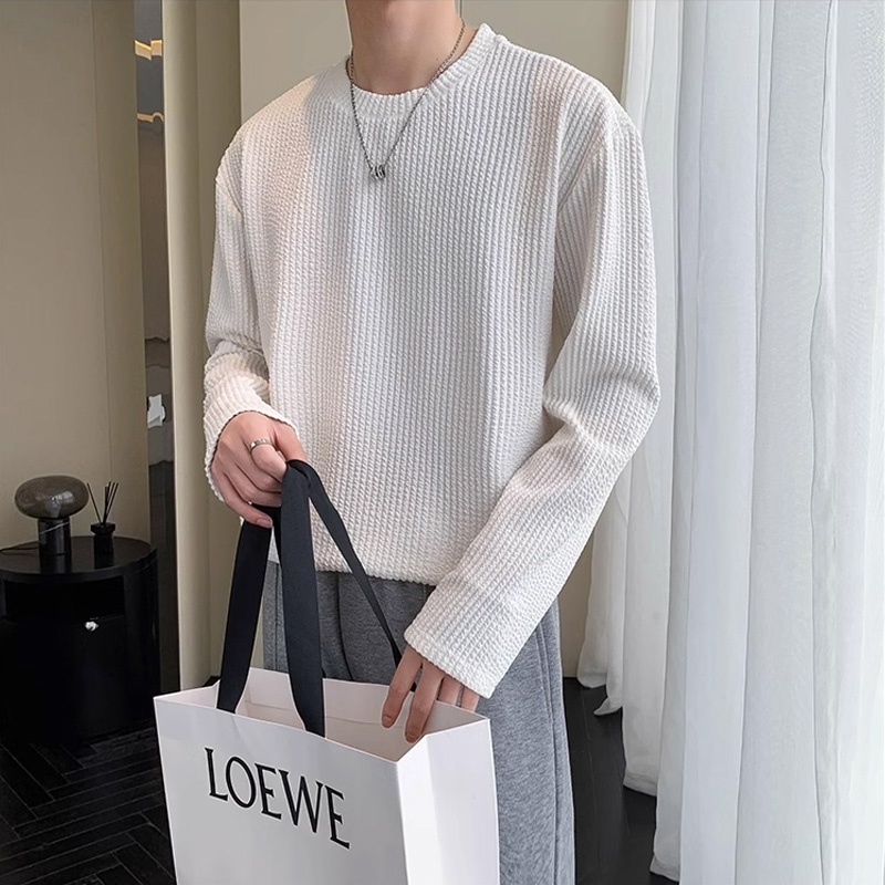 เสื้อยืดแขนยาว ลายทาง ทรงหลวม ระดับไฮเอนด์ สีขาว แฟชั่นฤดูใบไม้ร่วง สําหรับผู้ชาย