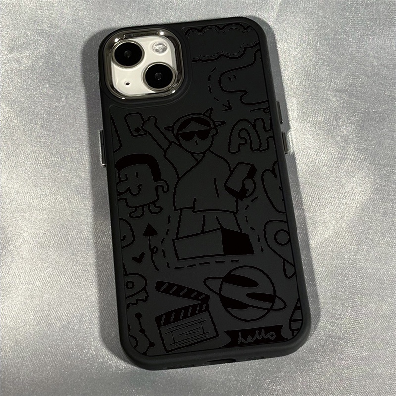 เคสโทรศัพท์มือถือ ซิลิโคนนุ่ม กันกระแทก ลายกราฟฟิตี้ เด็กผู้หญิง ปุ่มโลหะ สําหรับ IPhone 15 14 13 12 11 Pro Max XS X XR 8 + 7 Plus