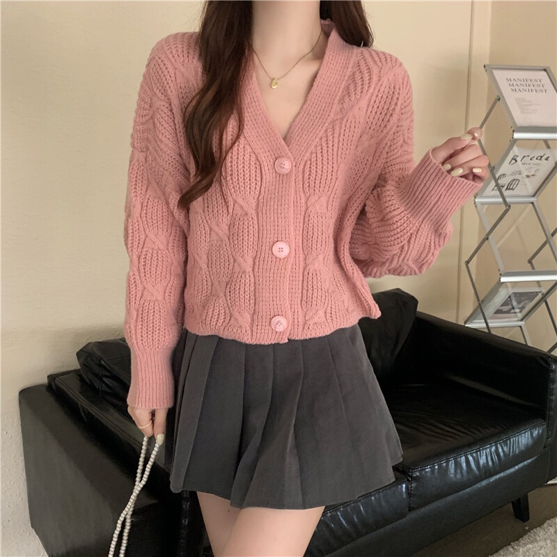 CV คาดิแกน เสื้อคลุมกันหนาวไหมพรมแขนยาวผู้หญิง เสื้อคาร์ดิแกน cardigan แขนทรงใหญ่ ลายวินเทจลูกไม้