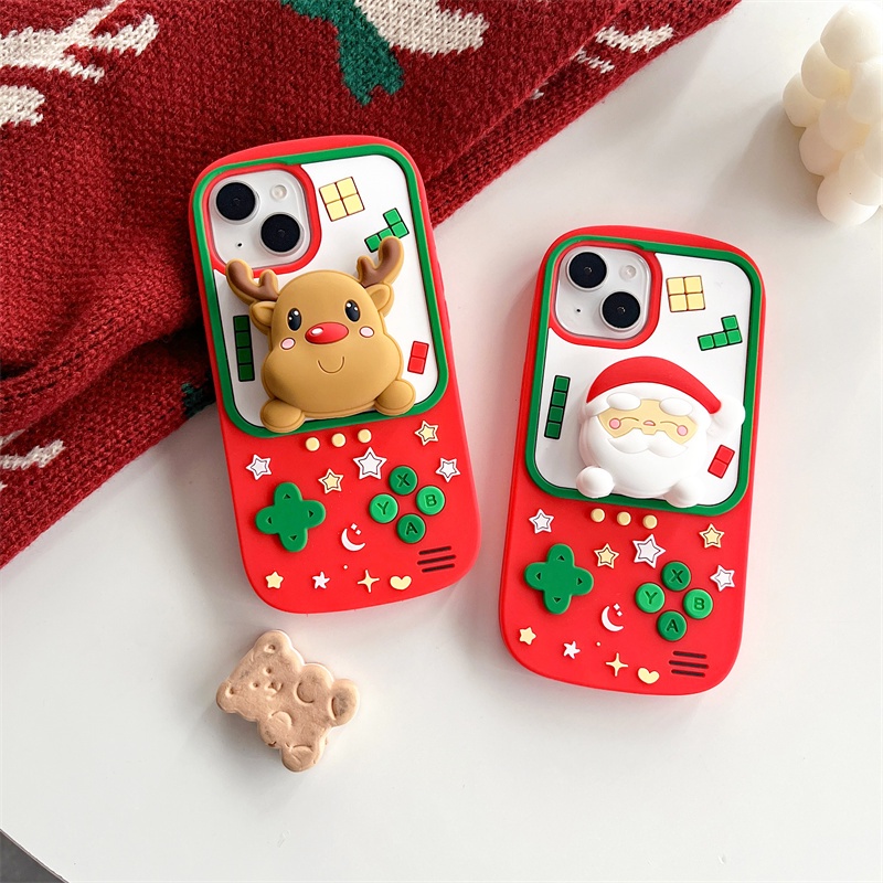 【Merry Christmas Santa Claus's reindeer】เคสโทรศัพท์มือถือ ซิลิโคนนิ่ม ลายกวางเรนเดียร์น่ารัก พร้อมขาตั้ง หมุนได้ สําหรับ IPhone 15 Pro Max 14 Pro Max 13 Pro Max 12 Pro IPhone 11