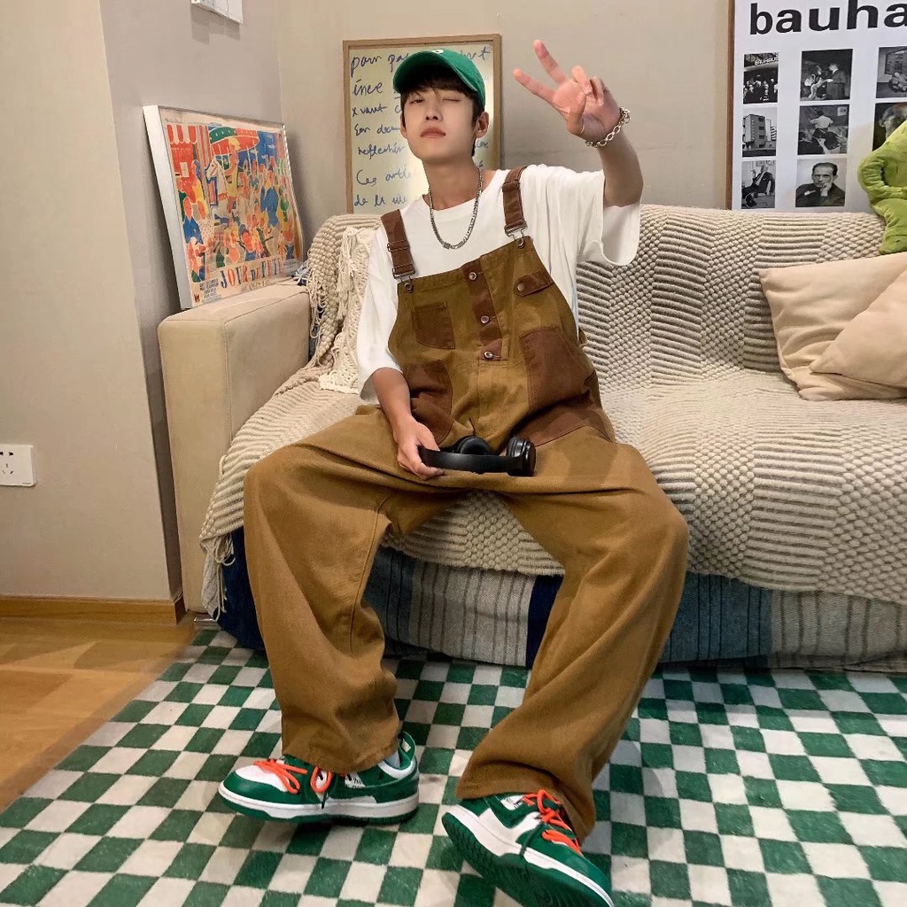 ชุดเอี๊ยมกางเกงยีน ขากว้าง ลําลอง ทรงหลวม สําหรับผู้ชาย