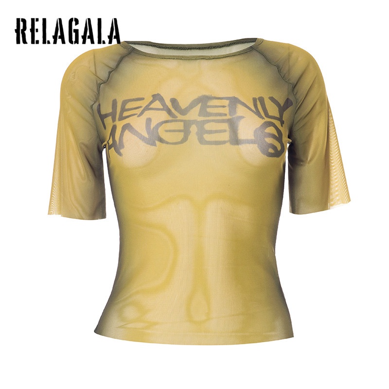 Relagala เสื้อยืดลําลอง แขนสั้น คอกลม พิมพ์ลายตัวอักษร โชว์สะดือ แฟชั่นสําหรับสตรี 2023