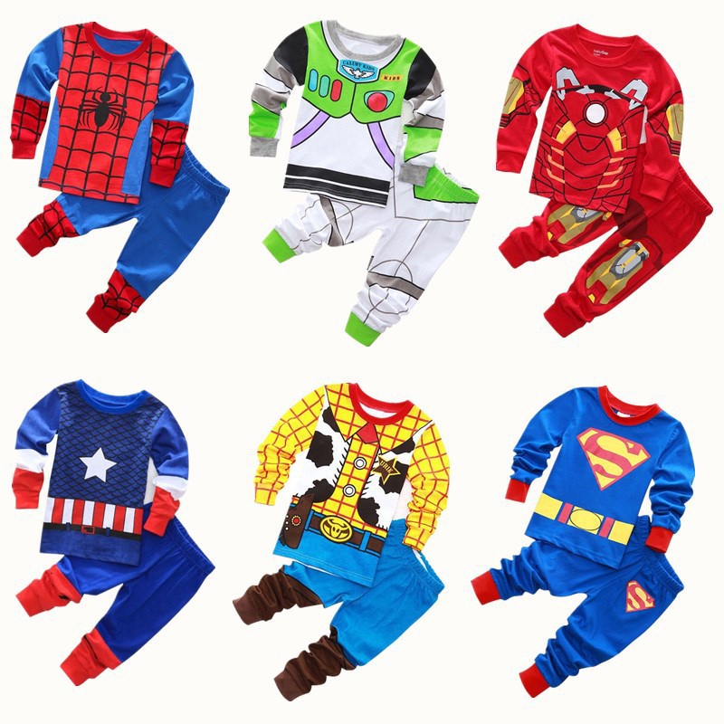 การ์ตูนการ์ตูนชุดนอนแขนยาว Loungewear Superman Spiderman ชุดนอนเด็กเสื้อผ้าเด็ก Spider Man Superman 