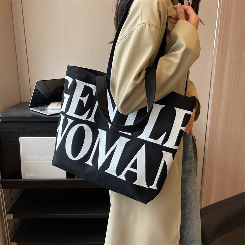 Evertoner GW CANVAS Tote Bag กระเป๋าสะพายไหล่ ทรงโท้ท ขนาดใหญ่ พิมพ์ลายตัวอักษร พร้อมหูหิ้ว แฟชั่นสําหรับสตรี