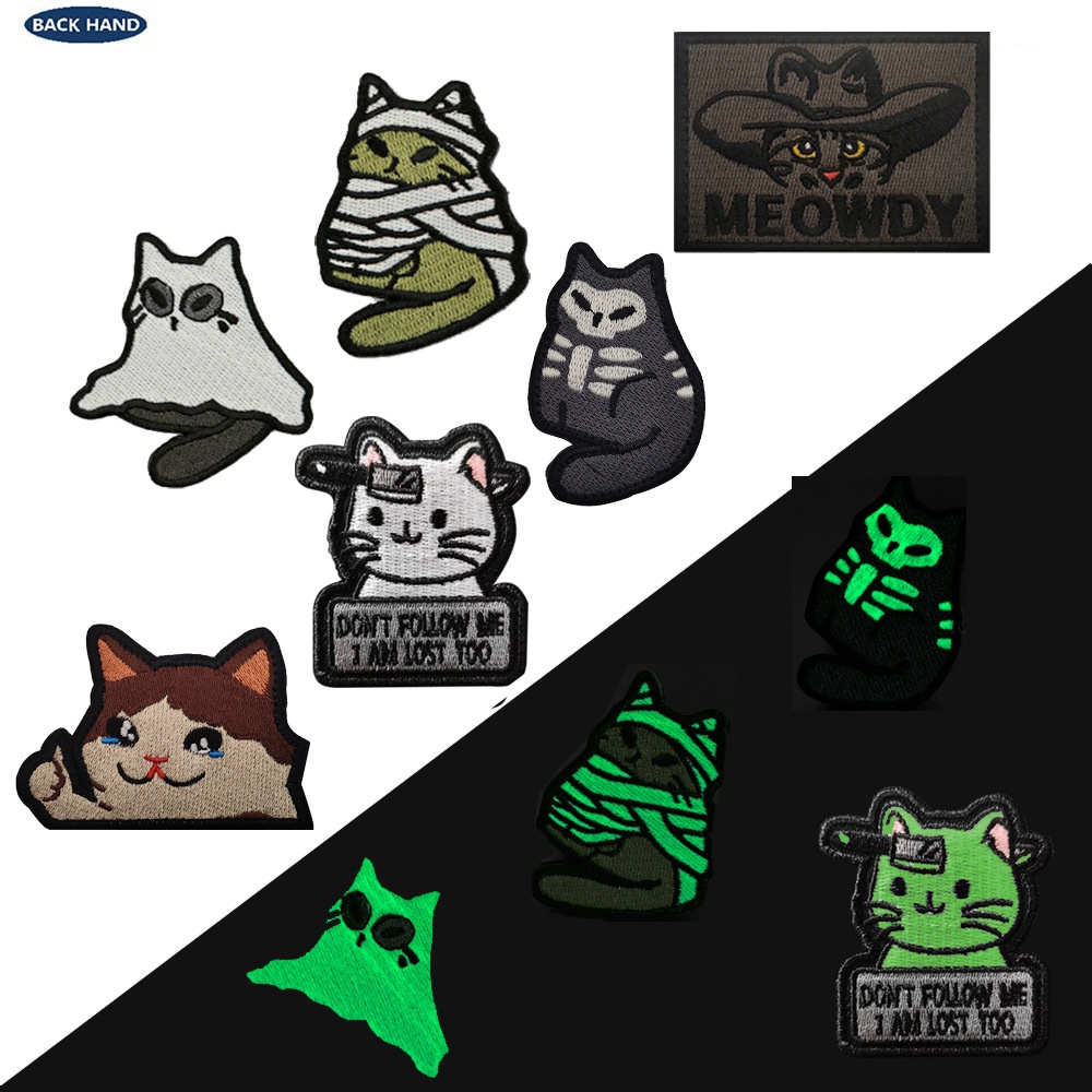 การ์ตูนการ์ตูนแมวชุดป้ายสติกเกอร์ MEOWDY Luminous Ghost Cat ปักผ้าสติกเกอร์กระเป๋าเป้สะพายหลังกลางแจ้ง Velcro ป้ายสติกเกอร์